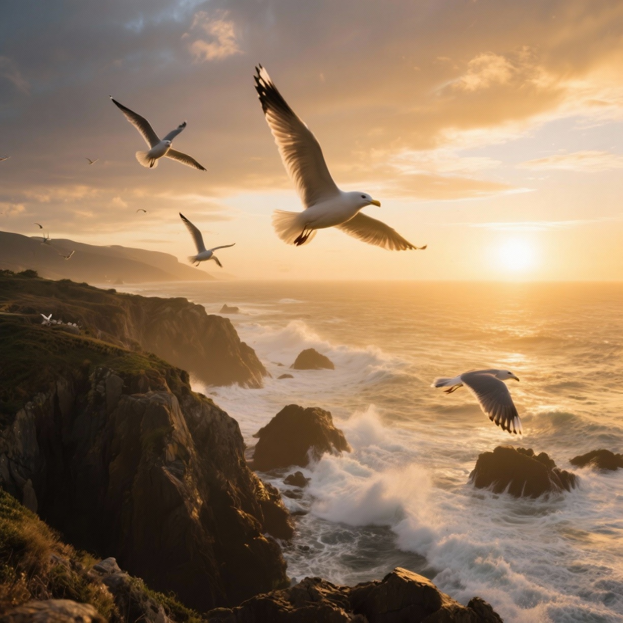 Two sea birds in a mating dance on rocks
